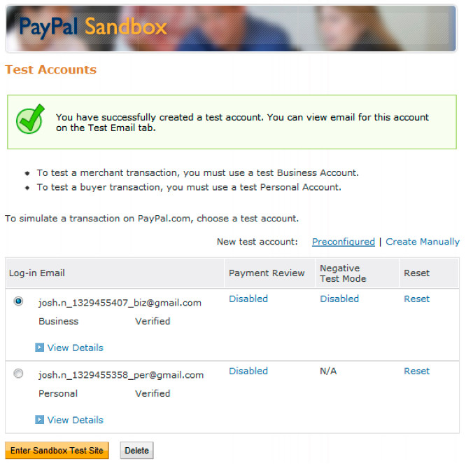 PayPal Test Accounts